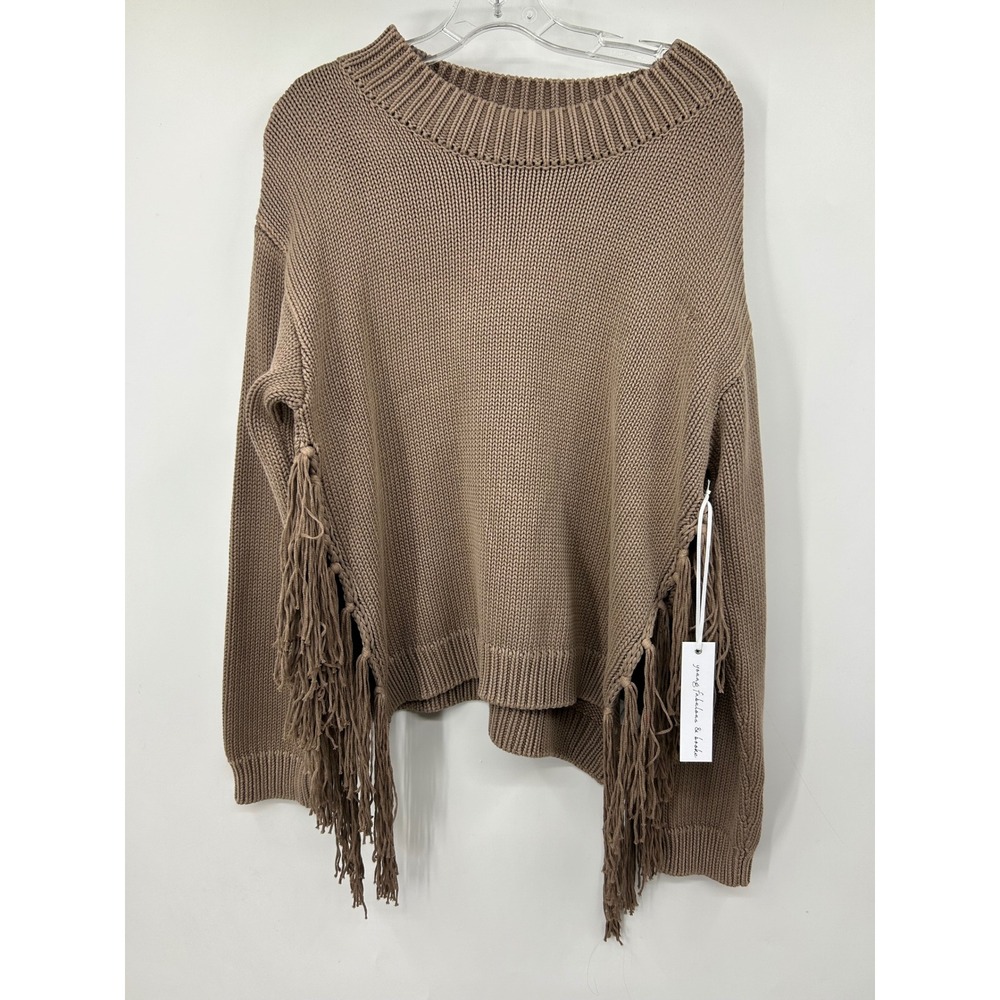Young Fabulous & Broke Fringe Side Knit Sweater Taupe Brown Cotton Large NWT